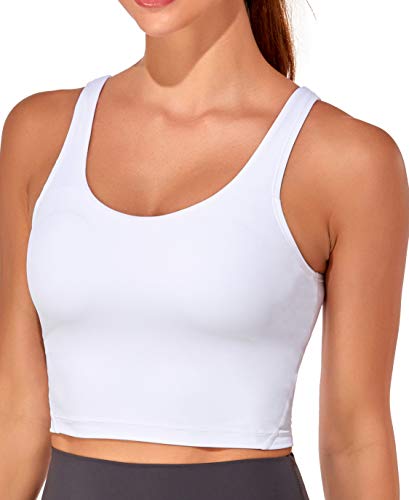 Oalka Sport-BH für Damen, lang, gepolstert, bauchfrei, für Yoga, Workout, Fitness, Weiß, small von Oalka