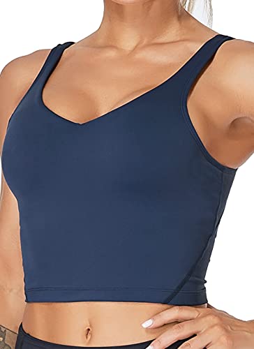 Oalka Sport-BH für Damen, lang, gepolstert, bauchfrei, für Yoga, Workout, Fitness, marineblau, Large von Oalka