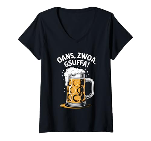 Damen Oans Zwoa Gsuffe Oktoberfest Volksfest Maßkrug Bier T-Shirt mit V-Ausschnitt von Oans Zwoa Gsuffe Oktoberfest Maßkrug Bier