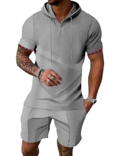 Oanviso 2 Sets T-Shirt und Shorts Herren Freizeithemden Jogginganzug Freizeitanzug Hose Kurze Herren Hoodie Arbeitshemd Sommer Kapuzenpullover Sportanzug A Grau M von Oanviso