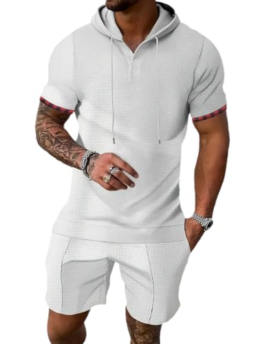 Oanviso 2 Sets T-Shirt und Shorts Herren Freizeithemden Jogginganzug Freizeitanzug Hose Kurze Herren Hoodie Arbeitshemd Sommer Kapuzenpullover Sportanzug A Weiß M von Oanviso