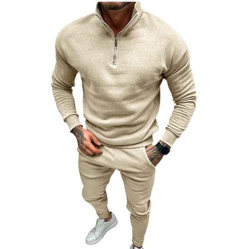 Oanviso 2 Teilig Herren Jogginganzug Zweiteiler Sportanzug Freizeitanzug Outfit Herbst Sweatshirt Pullover Langarm Jacke Oberteile Sweathose mit Tasche Oversized A Aprikose M von Oanviso