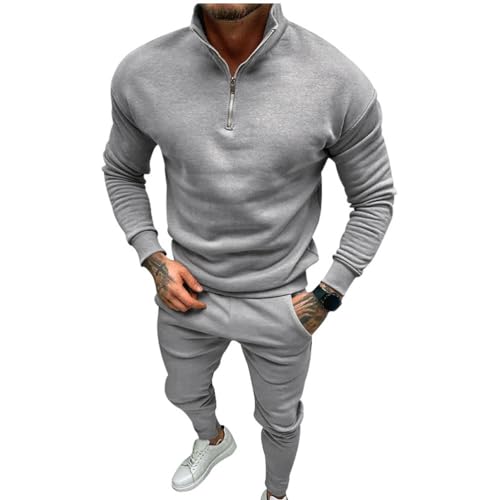 Oanviso 2 Teilig Herren Jogginganzug Zweiteiler Sportanzug Freizeitanzug Outfit Herbst Sweatshirt Pullover Langarm Jacke Oberteile Sweathose mit Tasche Oversized A Grau M von Oanviso