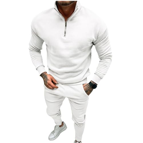 Oanviso 2 Teilig Herren Jogginganzug Zweiteiler Sportanzug Freizeitanzug Outfit Herbst Sweatshirt Pullover Langarm Jacke Oberteile Sweathose mit Tasche Oversized A Weiß M von Oanviso