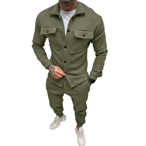 Oanviso 2 Teilig Herren Sportanzug Freizeitanzug Outfit Arbeitsjacke mit Knöpfen und Sporthosen Einfarbig Winterjacke Männer Cardigan Mantel Oversized für Frühling A Armeegrün M von Oanviso