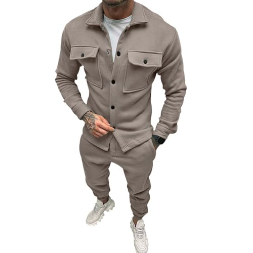 Oanviso 2 Teilig Herren Sportanzug Freizeitanzug Outfit Arbeitsjacke mit Knöpfen und Sporthosen Einfarbig Winterjacke Männer Cardigan Mantel Oversized für Frühling A Khaki M von Oanviso