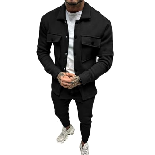 Oanviso 2 Teilig Herren Sportanzug Freizeitanzug Outfit Arbeitsjacke mit Knöpfen und Sporthosen Einfarbig Winterjacke Männer Cardigan Mantel Oversized für Frühling A Schwarz 3XL von Oanviso