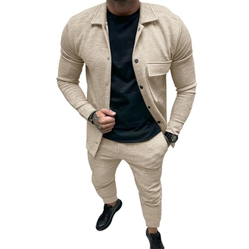 Oanviso 2 Teilig Herren Sportanzug Freizeitanzug Outfit Arbeitsjacke mit Knöpfen und Sporthosen Einfarbig Winterjacke Männer Cardigan Mantel Oversized für Frühling B Khaki M von Oanviso