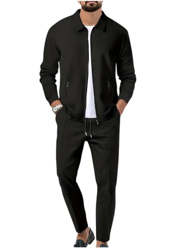 Oanviso 2 Teilig Herren Sportanzug Freizeitanzug Outfit Arbeitsjacke mit Reißverschluss und Sporthosen Einfarbig Strickjacke Männer Mantel Oversized für Frühling A Schwarz L von Oanviso