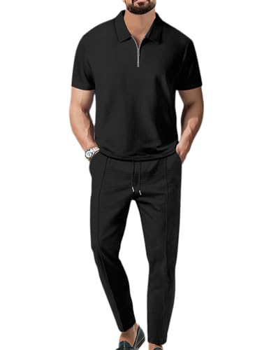 Oanviso 2 Teilig Herren Sportanzug Freizeitanzug Outfit Sommerhemd mit Reißverschluss und Sporthosen Einfarbig Casual T-Shirt Männer Tops Oversized für Frühling A Schwarz XXL von Oanviso