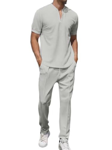 Oanviso 2 Teilig Herren Sportanzug Freizeitanzug Outfit Sommerhemd mit Reißverschluss und Sporthosen Einfarbig Casual T-Shirt Männer Tops Oversized für Frühling C Hellgrau L von Oanviso
