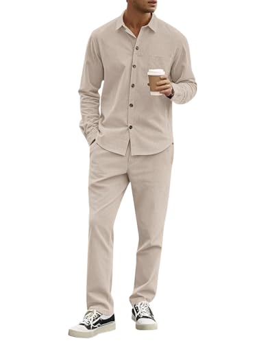 Oanviso 2 Teiliges Herren Freizeitanzug Button Down Freizeithemd Cord Reversjacke + Freizeithose Casual Set Outfit Dünne Cardigan Sporthose Männer Frühlings A Khaki S von Oanviso