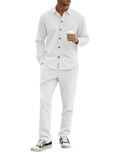 Oanviso 2 Teiliges Herren Freizeitanzug Button Down Freizeithemd Cord Reversjacke + Freizeithose Casual Set Outfit Dünne Cardigan Sporthose Männer Frühlings A Weiß L von Oanviso