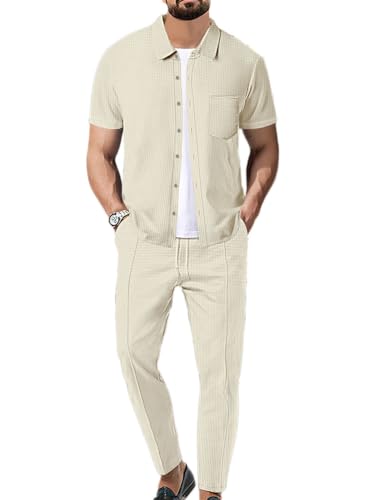 Oanviso 2 Teiliges Herren Sportanzug Sommer Hemd mit Revers + Freizeithose Casual Freizeitanzug Einfarbig Outfit Kurzarm T-Shirts Sporthose Männer Trainingsanzug A Khaki S von Oanviso