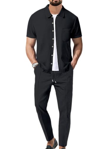 Oanviso 2 Teiliges Herren Sportanzug Sommer Hemd mit Revers + Freizeithose Casual Freizeitanzug Einfarbig Outfit Kurzarm T-Shirts Sporthose Männer Trainingsanzug A Schwarz L von Oanviso