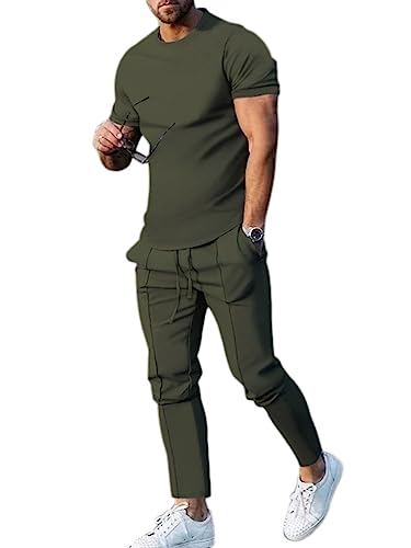Oanviso 2 Teiliges Sommer T-Shirts + Kurze Hose Einfarbig Freizeitanzug Sportanzug Vintage Set Kurzarm Tops Sporthose Jogginghose Männer Casual Trainingsanzug B Armeegrün L von Oanviso