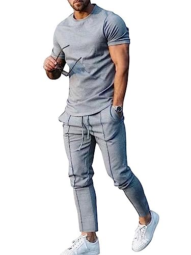 Oanviso 2 Teiliges Sommer T-Shirts + Kurze Hose Einfarbig Freizeitanzug Sportanzug Vintage Set Kurzarm Tops Sporthose Jogginghose Männer Casual Trainingsanzug B Grau L von Oanviso