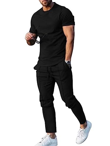 Oanviso 2 Teiliges Sommer T-Shirts + Kurze Hose Einfarbig Freizeitanzug Sportanzug Vintage Set Kurzarm Tops Sporthose Jogginghose Männer Casual Trainingsanzug B Schwarz M von Oanviso