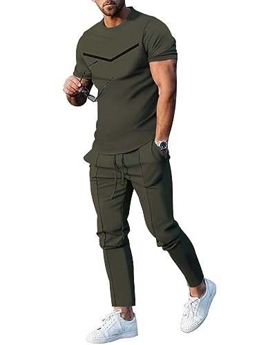 Oanviso 2 Teiliges Sommer T-Shirts + Kurze Hose Einfarbig Freizeitanzug Sportanzug Vintage Set Kurzarm Tops Sporthose Jogginghose Männer Casual Trainingsanzug C Armeegrün L von Oanviso