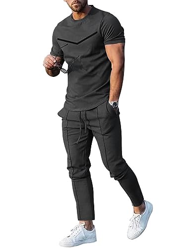 Oanviso 2 Teiliges Sommer T-Shirts + Kurze Hose Einfarbig Freizeitanzug Sportanzug Vintage Set Kurzarm Tops Sporthose Jogginghose Männer Casual Trainingsanzug C Dunkelgrau 3XL von Oanviso