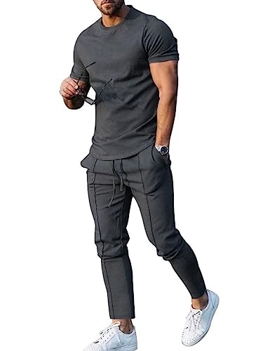 Oanviso 2 Teiliges T-Shirt und Hosen Sets Herren Bedruckter Shirt Freizeithose Sweathose Jogginganzug Oversized Freizeitanzug Mode Outfit für Männer Sommer B Dunkelgrau L von Oanviso