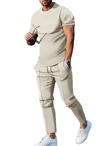 Oanviso 2 Teiliges T-Shirt und Hosen Sets Herren Bedruckter Shirt Freizeithose Sweathose Jogginganzug Oversized Freizeitanzug Mode Outfit für Männer Sommer B Khaki XL von Oanviso