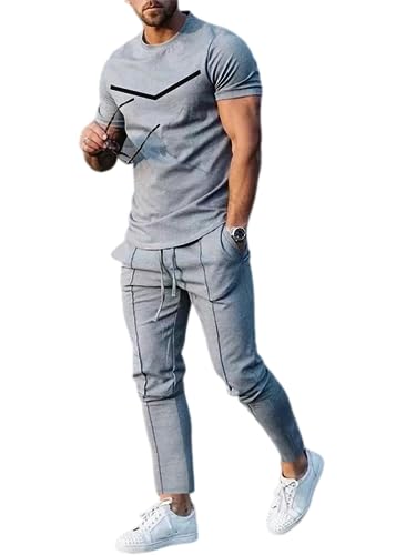 Oanviso 2 Teiliges T-Shirt und Hosen Sets Herren Bedruckter Shirt Freizeithose Sweathose Jogginganzug Oversized Freizeitanzug Mode Outfit für Männer Sommer C Grau M von Oanviso