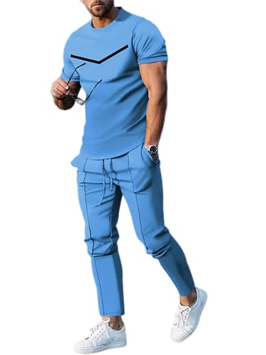 Oanviso 2 Teiliges T-Shirt und Hosen Sets Herren Bedruckter Shirt Freizeithose Sweathose Jogginganzug Oversized Freizeitanzug Mode Outfit für Männer Sommer C Hellblau XXL von Oanviso