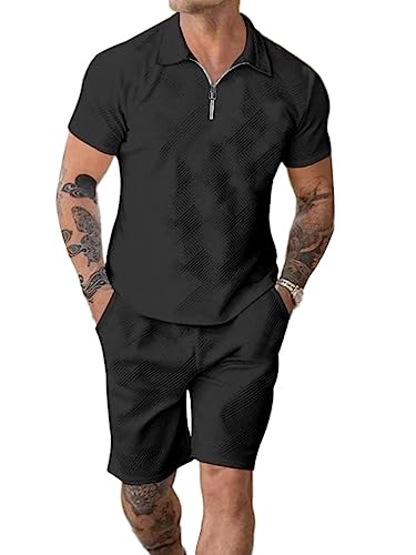 Oanviso 2 Teiliges T-Shirt und Hosen Sets Herren Polo Shirt Shorts Jogginganzug Mode Outfit Kurze Sweathose Mit Kordelzug für Männer Sommer Freizeitanzug C Schwarz M von Oanviso