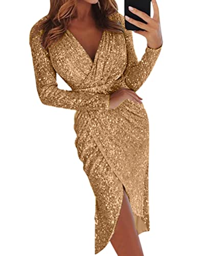 Oanviso Abendkleid Damen Knielang Elegant Ballkleid Langarm Glitzerkleid Partykleid Midi Kleider Bodycon Bleistiftkleid Enges Kleid Glitzer Etuikleid Party Cocktail Wickelkleid A Gold XS von Oanviso