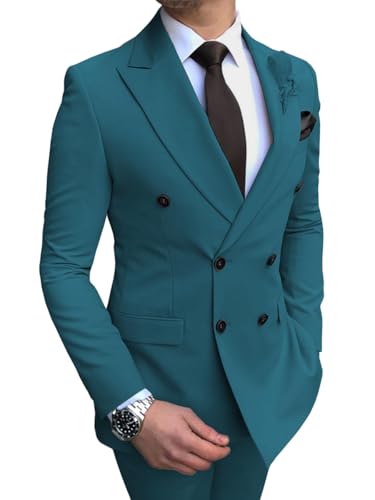 Oanviso Anzüge Herren Anzug 2-Teilig Business Blazer Zweireiher Klassisch Anzüge Sets Sakko + Hosen Einfarbige Anzüge Suits Modisch Herrenanzug Elegant Anzughose für Hochzeit Party A Blaugrün XL von Oanviso