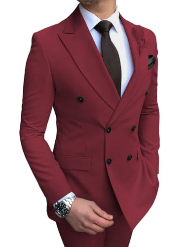 Oanviso Anzüge Herren Anzug 2-Teilig Business Blazer Zweireiher Klassisch Anzüge Sets Sakko + Hosen Einfarbige Anzüge Suits Modisch Herrenanzug Elegant Anzughose für Hochzeit Party A Dunkelrot XL von Oanviso