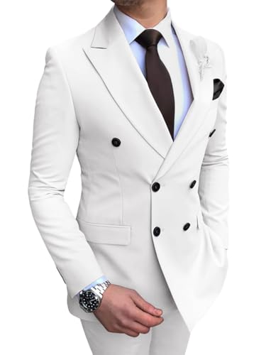 Oanviso Anzüge Herren Anzug 2-Teilig Business Blazer Zweireiher Klassisch Anzüge Sets Sakko + Hosen Einfarbige Anzüge Suits Modisch Herrenanzug Elegant Anzughose für Hochzeit Party A Weiß 3XL von Oanviso