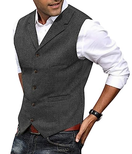 Oanviso Anzugweste für Herren Tweed Retro Anzug Westen Klassisch Weste Elegant Herrenweste mit Knöpfe Waistcoat Hochzeit Groomsmen Westen mit V-Ausschnitt Lässig Notch Lapel Slim Fit A Grau L von Oanviso