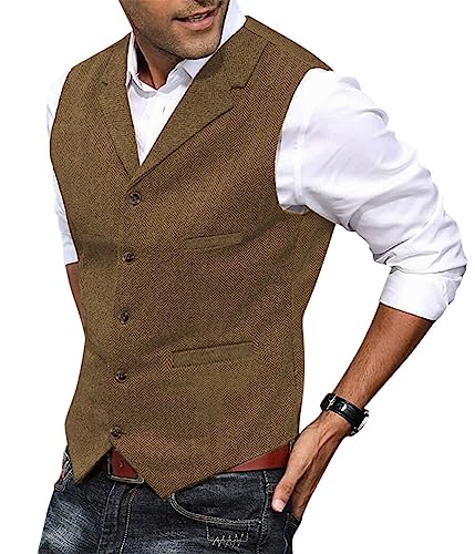 Oanviso Anzugweste für Herren Tweed Retro Anzug Westen Klassisch Weste Elegant Herrenweste mit Knöpfe Waistcoat Hochzeit Groomsmen Westen mit V-Ausschnitt Lässig Notch Lapel Slim Fit A Kamel XL von Oanviso
