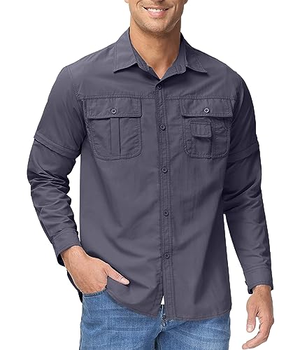 Oanviso Atmungsaktives Herren-Outdoorhemd Schnelltrocknende Funktionshemd für Wandern Angeln Kurzarm Langarmhemd mit Abnehmbaren Ärmeln Casual Arbeitshemd Militär Armee Hemd mit Taschen A Grau XXL von Oanviso