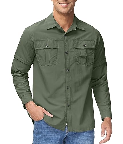 Oanviso Atmungsaktives Herren-Outdoorhemd Schnelltrocknende Funktionshemd für Wandern Angeln Kurzarm Langarmhemd mit Abnehmbaren Ärmeln Casual Arbeitshemd Militär Armee Hemd mit Taschen A Grün XXL von Oanviso