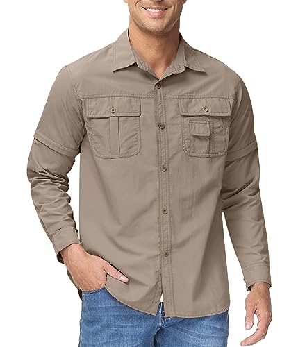 Oanviso Atmungsaktives Herren-Outdoorhemd Schnelltrocknende Funktionshemd für Wandern Angeln Kurzarm Langarmhemd mit Abnehmbaren Ärmeln Casual Arbeitshemd Militär Armee Hemd mit Taschen A Khaki XXL von Oanviso