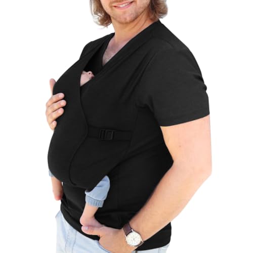 Oanviso Babytrage für Herren Baby Carrieer Shirt Vater Känguru T-Shirt V-Ausschnitt Langarm T-Shirts Atmungsaktives Känguru Shirt für Papa und Baby Schwanger Kleider C Schwarz XL von Oanviso