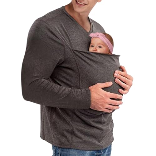 Oanviso Babytrage für Herren Carrier Shirt für Baby Vater Känguru T-Shirt V-Ausschnitt Langarm T-Shirts Atmungsaktives Känguru Shirt für Papa und Baby Schwanger Kleider B Grau L von Oanviso