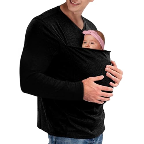 Oanviso Babytrage für Herren Carrier Shirt für Baby Vater Känguru T-Shirt V-Ausschnitt Langarm T-Shirts Atmungsaktives Känguru Shirt für Papa und Baby Schwanger Kleider B Schwarz XL von Oanviso