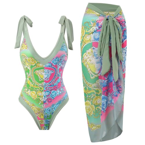 Oanviso Badeanzug Damen Vintage Monokini Zweiteilig V Ausschnitt Badekleid Blumen Gedruckt Schwimmrock Set Badeanzugkleid Schwimmanzug Schlanke Strandmode A Hellgrün XL von Oanviso
