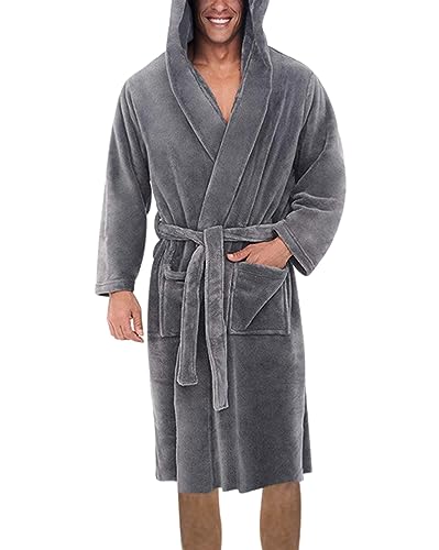 Oanviso Bademantel für Herren Bademäntel mit Kapuze Leichter Pyjamas Bathrobe Atmungsaktiv Bademantel Langarm Morgenmantel mit Taschen Saunamantel Bequem Herbst Kimono Robe A Grau L von Oanviso