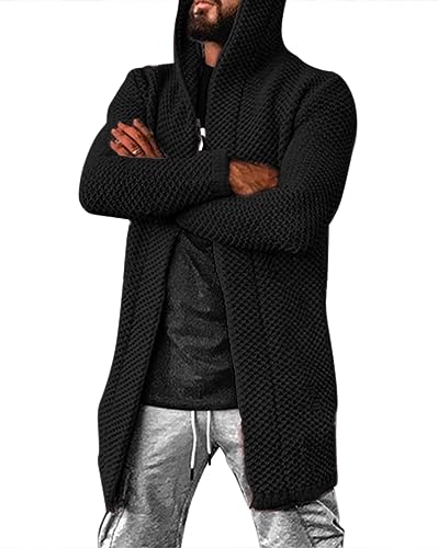 Oanviso Cardigan für Herren Strickjacke mit Kapuze Einfarbig Sweater Langarm Cardigan Mittellange Pullover Kapuzenjacke Übergangsjacke für Männer Stricken Cardigan Slim Fit A Schwarz 3XL von Oanviso