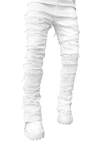 Oanviso Chino Hose Herren Bootcut Stoff Hip Hop Hosen Skinny Jeanshose Slim Fit Mit Fransen Destroyed Jeans Mode Y2k Streetwear Denim Pants Casual Boyfriend Trousers A Weiß L von Oanviso