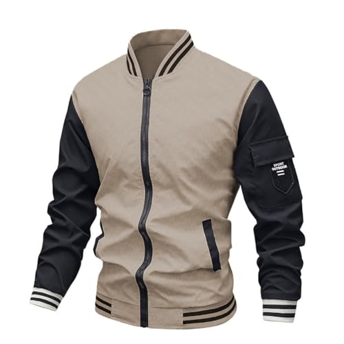Oanviso College Jacke Herren Bomberjacke Sportjacke Varsity Jacket mit Reißverschluss Patchwork Baseballjacke Stehkragen Streetwear Freizeitjacke für Herbst A Beige S von Oanviso