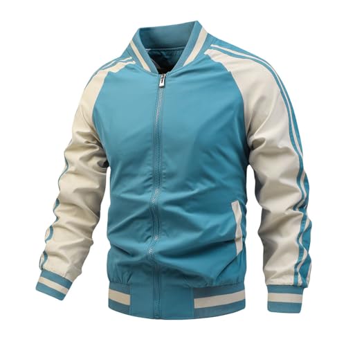 Oanviso College Jacke Herren Bomberjacke Sportjacke Varsity Jacket mit Reißverschluss Patchwork Baseballjacke Stehkragen Streetwear Freizeitjacke für Herbst B Hellblau XL von Oanviso