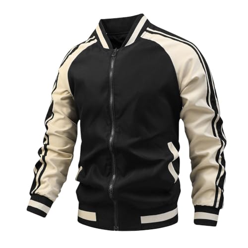 Oanviso College Jacke Herren Bomberjacke Sportjacke Varsity Jacket mit Reißverschluss Patchwork Baseballjacke Stehkragen Streetwear Freizeitjacke für Herbst B Schwarz XL von Oanviso