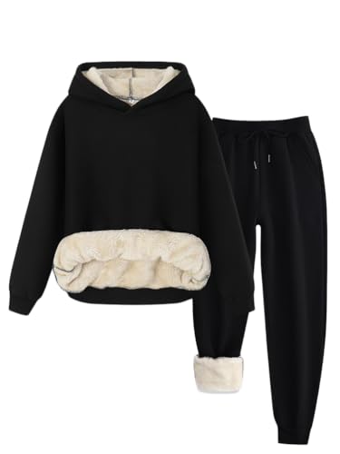 Oanviso Damen 2 Set Winter Warm Fleece Jogginganzug Dicker Sportanzug Plüsch Gefüttert Fitnessanzug Laufanzug Thermo Sweatshirt mit Kapuze Jogger Hose Sweatpants A Schwarz XXL von Oanviso
