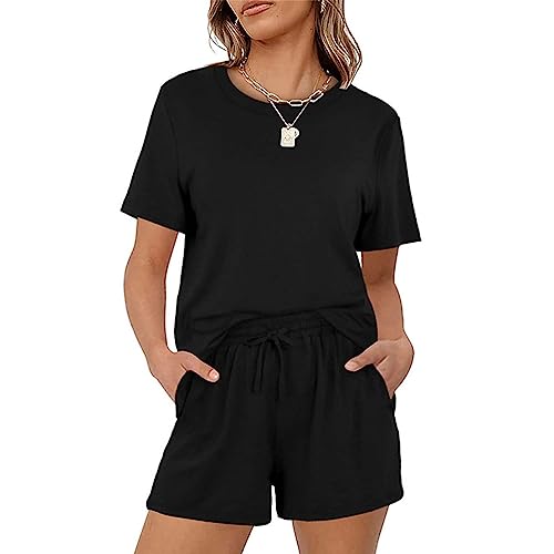 Oanviso Damen 2 Teiliges Sommer Sportanzug T-Shirts + Kurze Hose Mit Kordelzug Casual Freizeitanzug Pyjamas für Frauen Kurzarm Hose T-Shirt Trainingsanzug A Schwarz 3XL von Oanviso